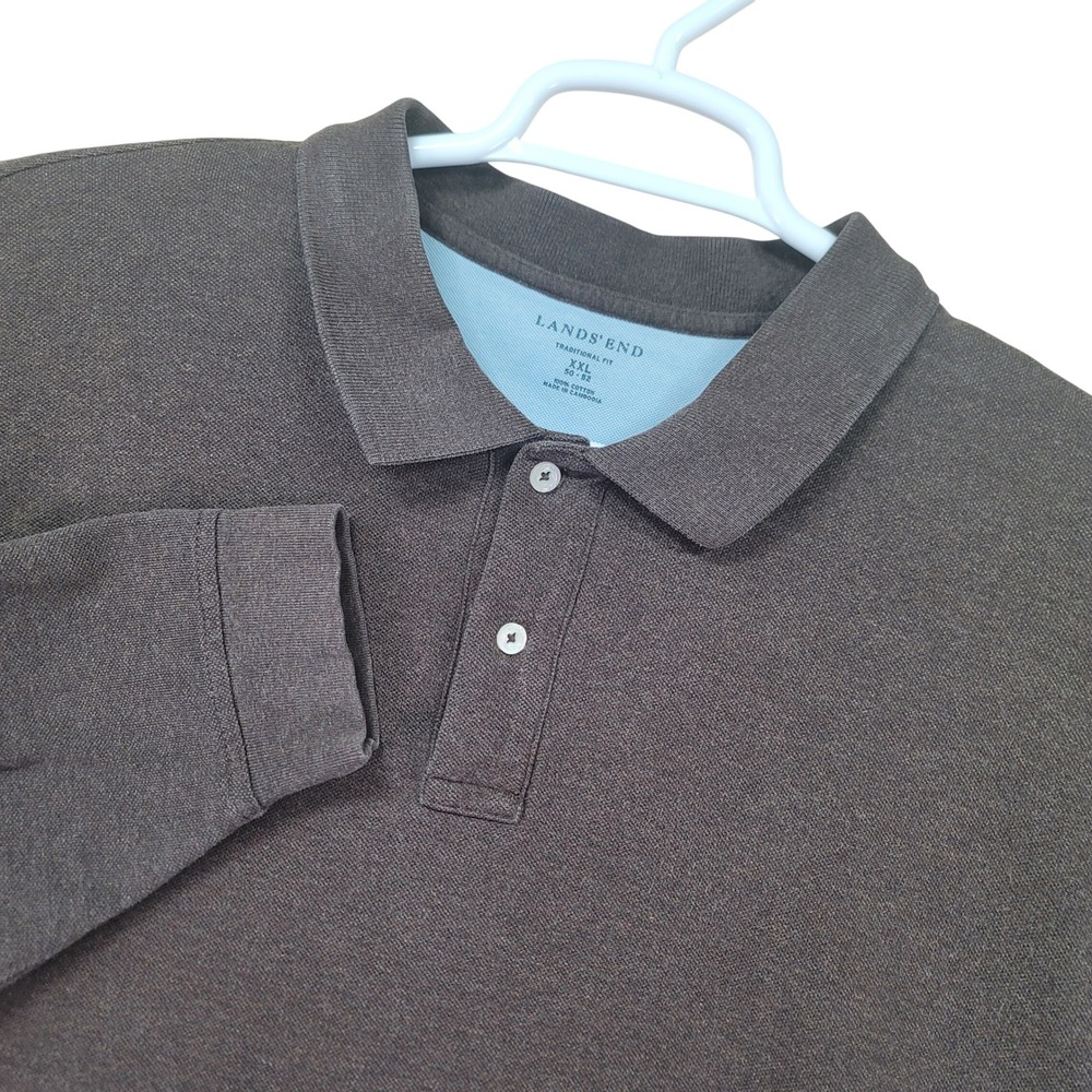 Lands End Long Sleeve Pique Rugby Brown Polo Shirt Mens XXL Traditional Fit